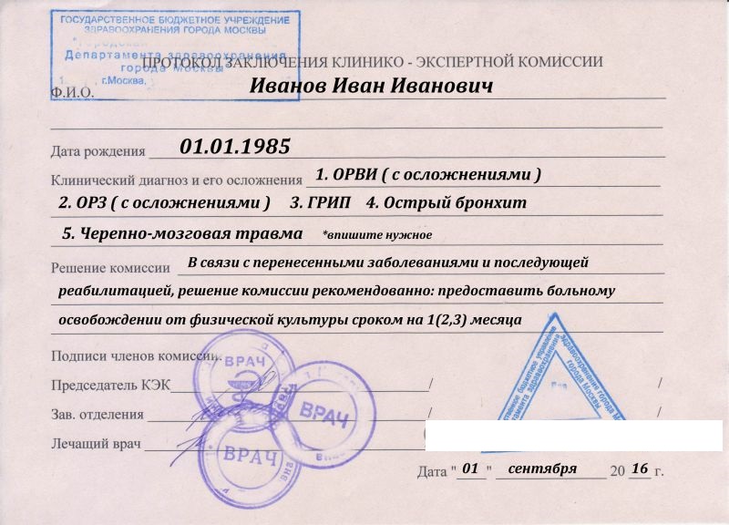 Освобождение от физкультуры в вузе справка образец