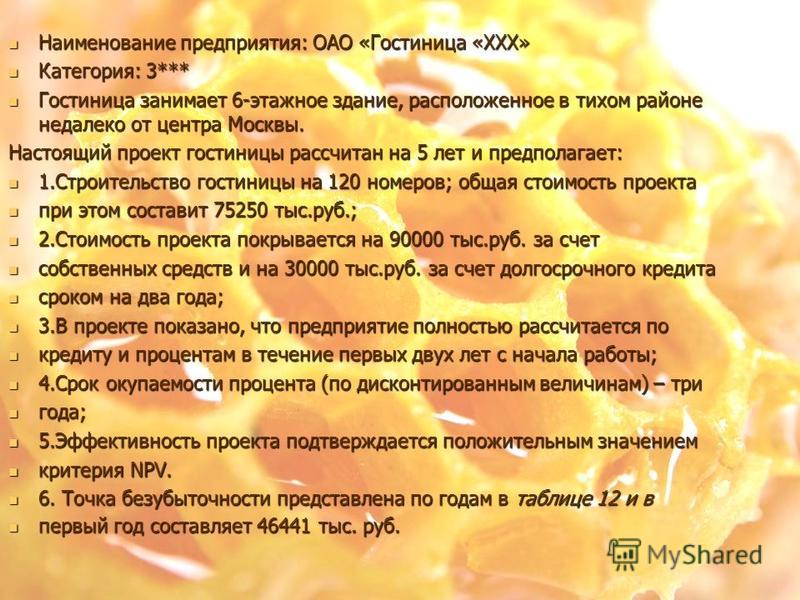 Бизнес план гостиницы образец