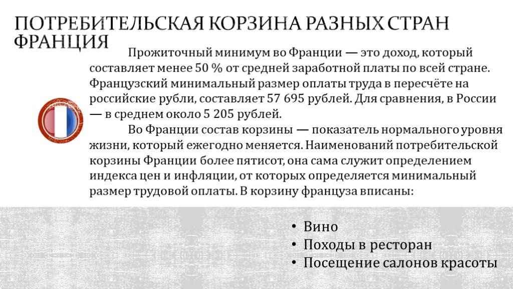 Заработная плата прожиточный минимум. Потребительская корзина Франции. Состав потребительской корзины Фран.