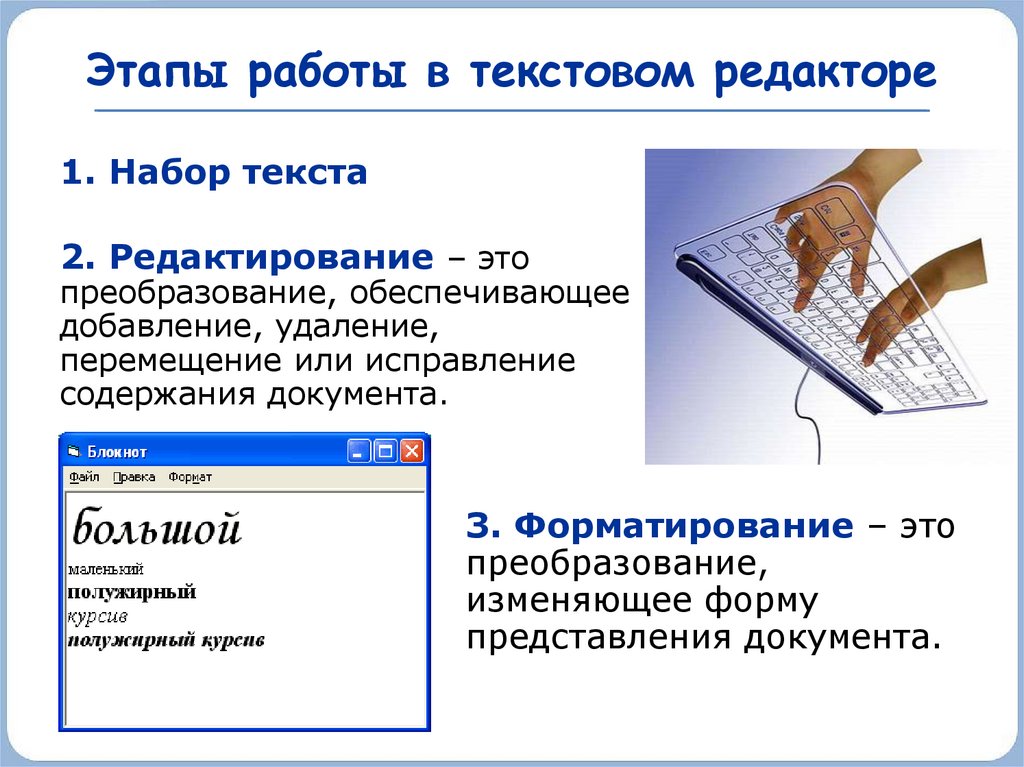 Текстовой набор. Форматирование текстовых документов. Редактирование и форматирование текста. Этапы редактирования текстового документа. Редактирование текста это в информатике.