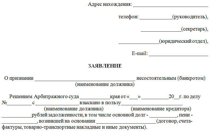 Заявление на банкротство физических лиц образец