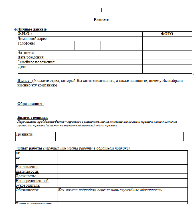 Образец бланка на работу. Резюме пустые бланки для заполнения. Форма резюме на работу не заполненная. Форма заполнения резюме Word.