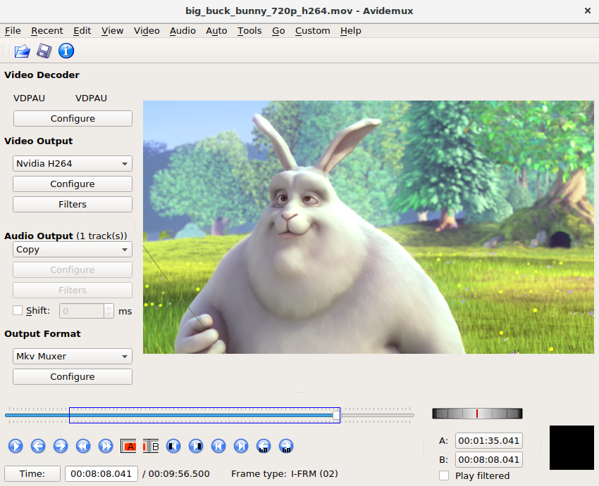 Menu of the easy and free video editing software Avidemux