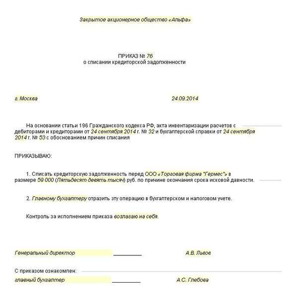 Положение о списании дебиторской и кредиторской задолженности образец