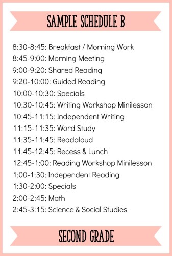 This is one sample schedule for second grade with a balanced literacy block - the post has 3 other sample schedules to check out!