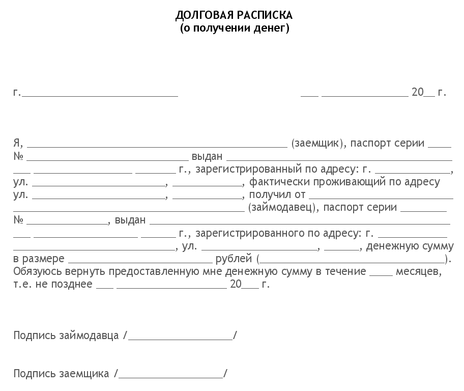 Образец расписки на деньги взятые в долг