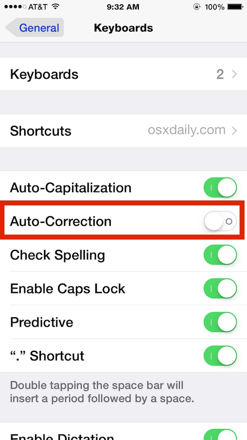 Disable Auto-Correction in iOS Settings as seen on the iPhone