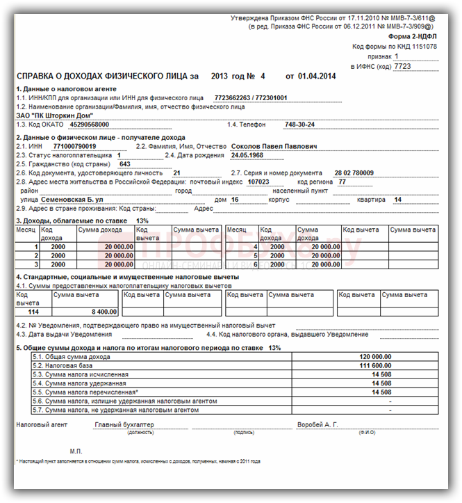 Образец 2 ндфл с места работы образец