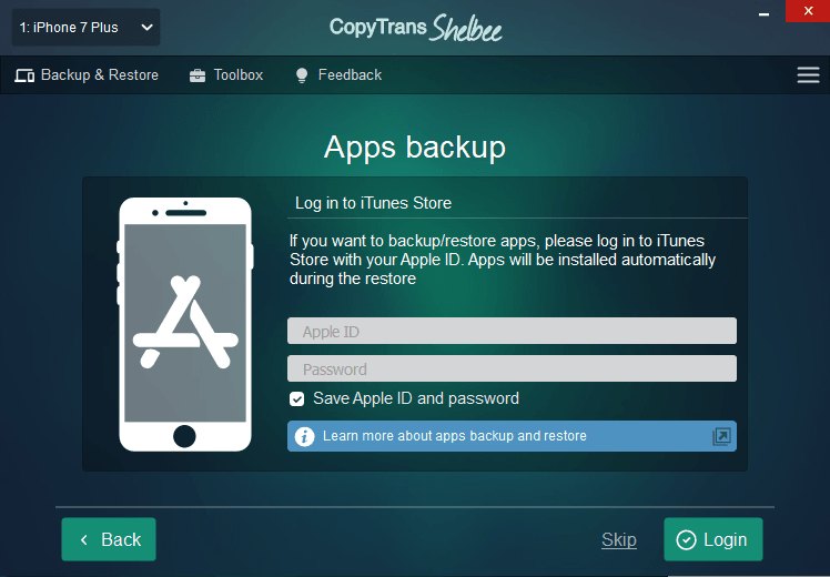 Log in with Aplle ID to backup or restore apps