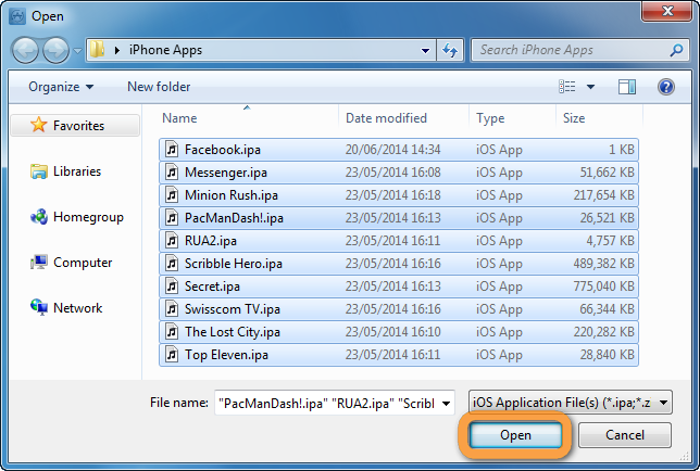 browse window to open ipa files containing ios apps