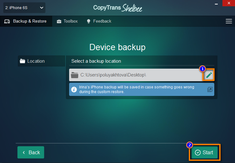 Save destination device backup in CopyTrans Shelbee