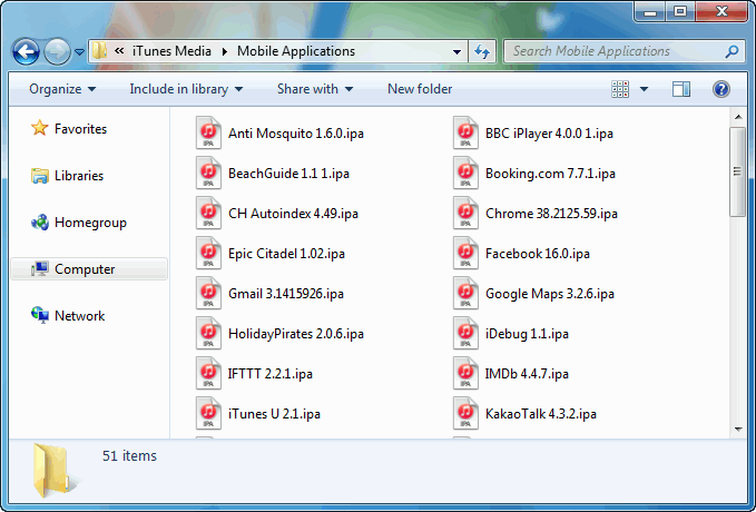 itunes mobile applications folder on windows 7