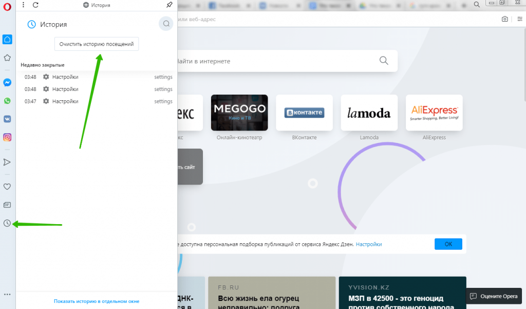 Раздел истории в Opera